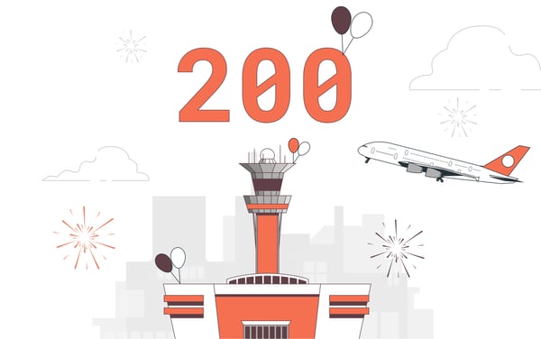 Illustration of airplane flying towards control tower with the number 200 in the sky