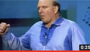 A screenshot of Steve Ballmer, former CEO of Microsoft, during his .NET presentation in 1999 as he shouts, “developers, developers, developers.”
