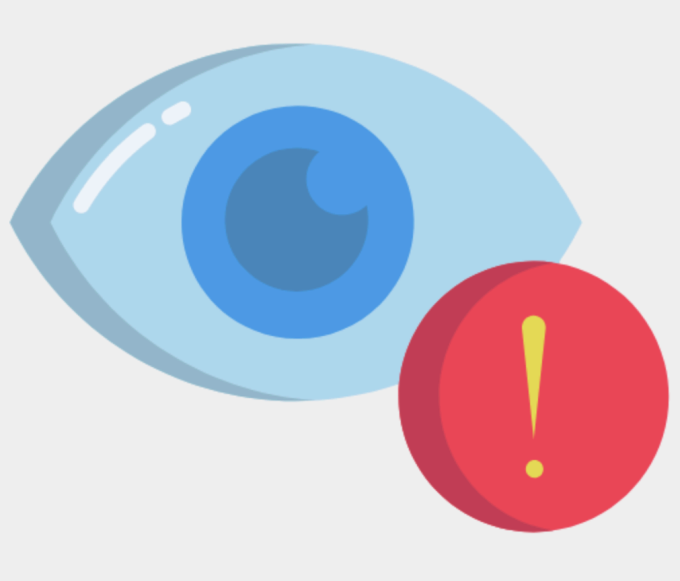 A blue eye with a red warning symbol below it.