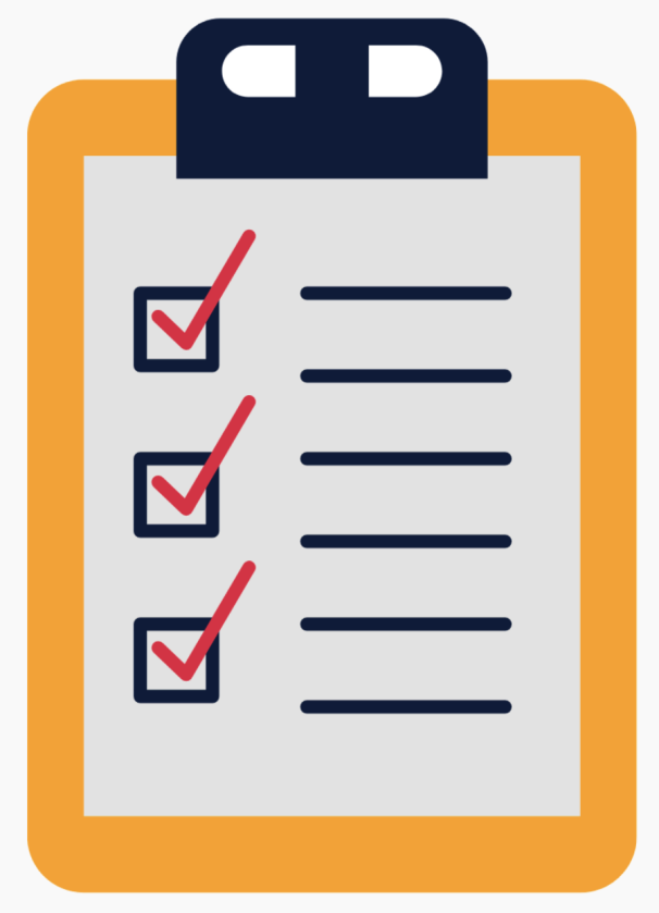 A clipboard holding a piece of paper that shows checkboxes, which are all ticked.