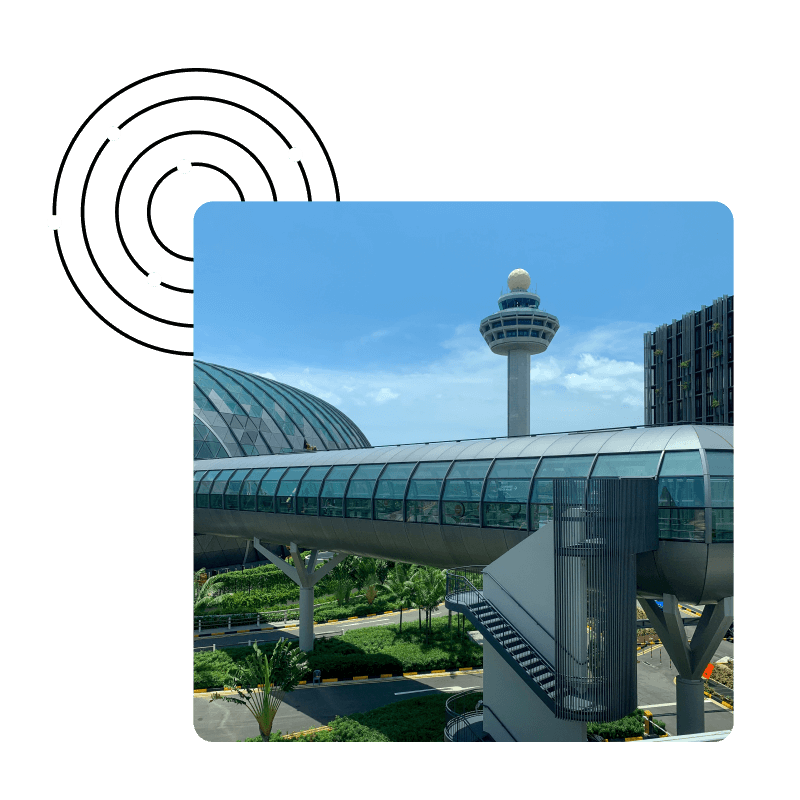 An external view of an airport with an ATC tower in the distance