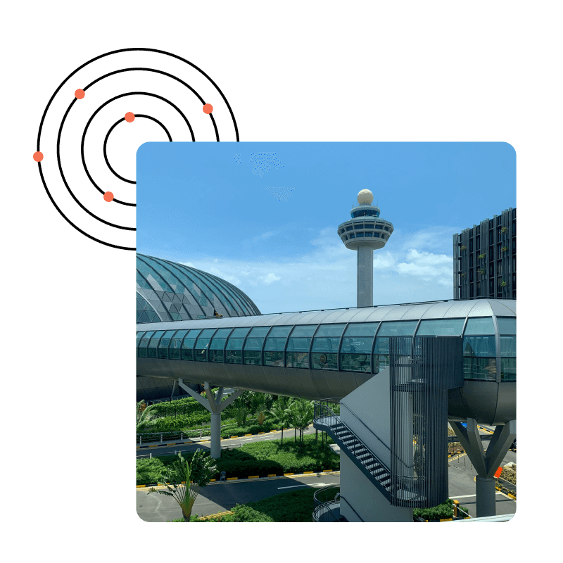 An external view of an airport with an ATC tower in the distance