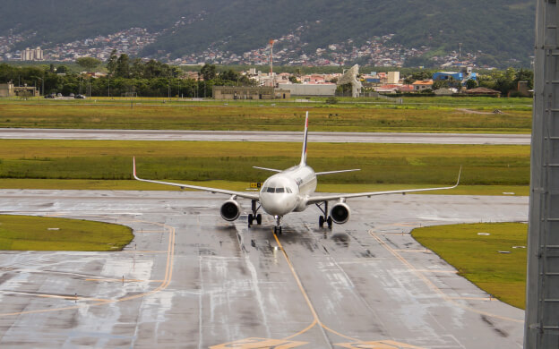 An airplane taxing for takeoff at an airport