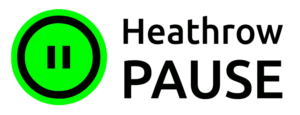 The logo for activist group Heathrow Pause. It is a bright green circle with a pause symbol in the middle.