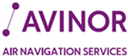 The Avinor logo. This is the company name in purple, capitalised text next to a purple diagonal line connecting two dots. The text underneath reads: "Air navigation services."